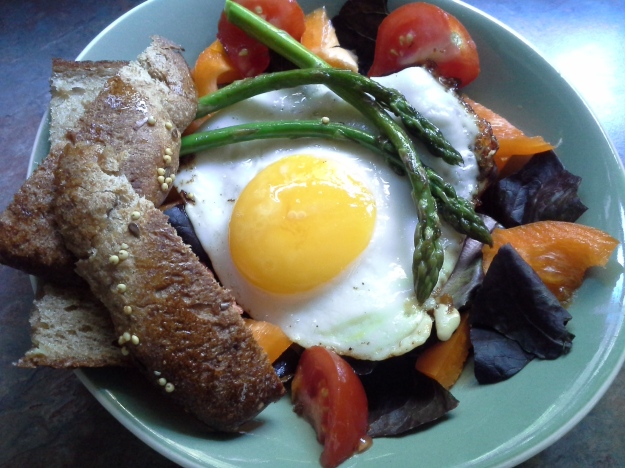 Fried Egg on Roasted Vegetables and Greens